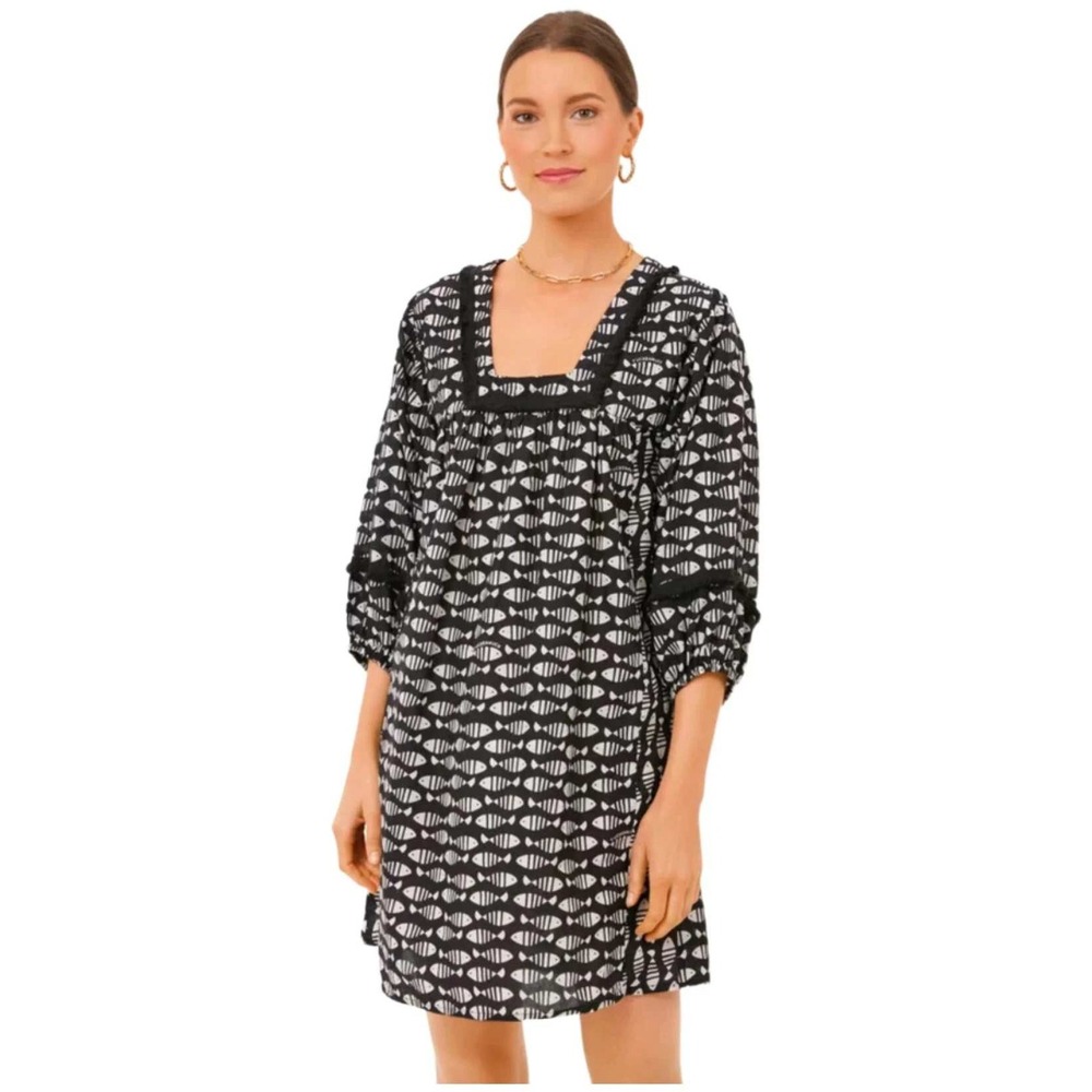 Tuckernuck Piscis Catalans Fish Print Coverup Tunic Dress XS Black White Fringe